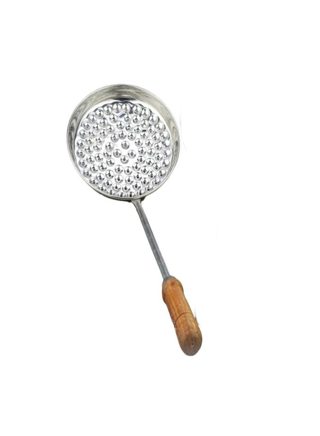 PUTHAK Stainless Steel Boondi Jhara with Wooden Handle Grip,Steel Food Strainer, Bundi Jhara,Wooden Handle Deep Fry Grip Strainer, Perforated Spoon - Image 1